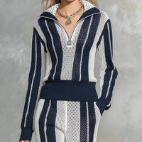 Hollow-out Striped Shirt And Loose-knit Wide-leg Pants Set