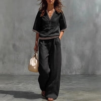 Cotton-Linen V-Neck Casual Comfortable Short-Sleeve Shirt And Pants Set
