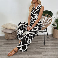 Womens Casual Waist-Cinched Sleeveless Printed V-Neck Jumpsuit
