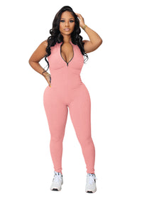 Women's Solid Color Stretch Small Sunken Stripe Zipper Jumpsuit