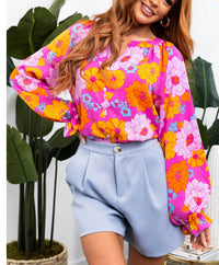 Rose Floral Print Flounce Sleeve Notched Neck Blouse