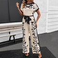 Womens Printed Colorblock Tie-Waist Short-Sleeve Jumpsuit
