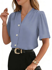 Fashionable V-neck Button-Down Casual Business Short-Sleeve Shirt