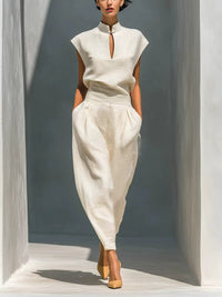Chinese-style Satin Short-sleeve T-shirt And Pants Set For Women