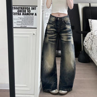 American-style Vintage Washed And Distressed Straight-leg Jeans