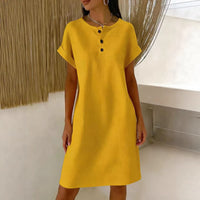 New Comfortable Casual Solid-Color Waffle-Knit Crew-Neck Dress