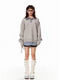 False Two-piece Patchwork Polo Collar Sweater Women's Loose Sweater