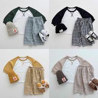 Korean Style Ins Stitching Sleeves Top Plaid Trousers Combination Suit