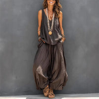 Womens Solid-Colored Casual Sleeveless Tank Top And Wide-Leg Pants Cotton-Linen Set For Daily Wear Holiday Outfit