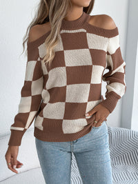 Off-the-shoulder Contrast Color Plaid Lantern Long Sleeve Sweater