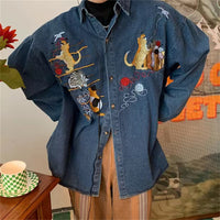 Women's Cat Embroidered Retro Denim Shirt Coat
