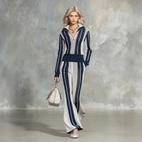Hollow-out Striped Shirt And Loose-knit Wide-leg Pants Set