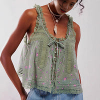 Solid-color Sweet Slim-fit Buttoned Lace-trimmed Patchwork Mini Vest Top