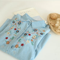 Japanese-style Sweet Fashion Spread Floral-embroidered Denim Shirt