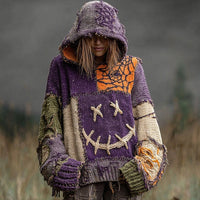 Drop-Shoulder Vintage Womens Printed Loose Hooded Top
