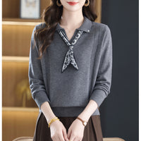 Womens Polo-neck Long-sleeve Knit Sweater