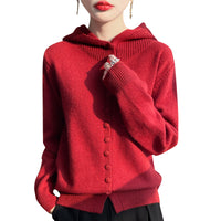 Womens Knitted Sweater Stylish Western Style Solid Color All Match Hooded Knit Cardigan