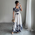 Puff-sleeve High-waist Cinched-waist Printed Maxi Slip Dress For Women