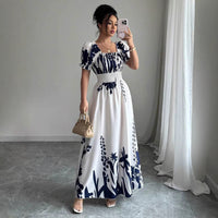 Puff-sleeve High-waist Cinched-waist Printed Maxi Slip Dress For Women