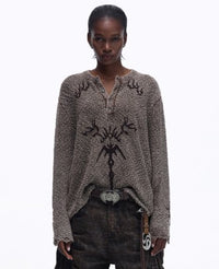 Totoro Jacquard Henley-Neck Knitted Base Layer Top