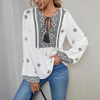 Retro National Style Half-open Collar Lace-up Loose Lantern Sleeve Shirt