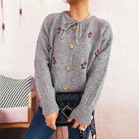 Flower Embroidery Bow Bandage Knitted Cardigan Single-breasted Sweater