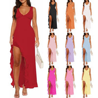 V-neck Hemline Dress Sleeveless Womens Clothing With A Letter-print Ruffled Trim