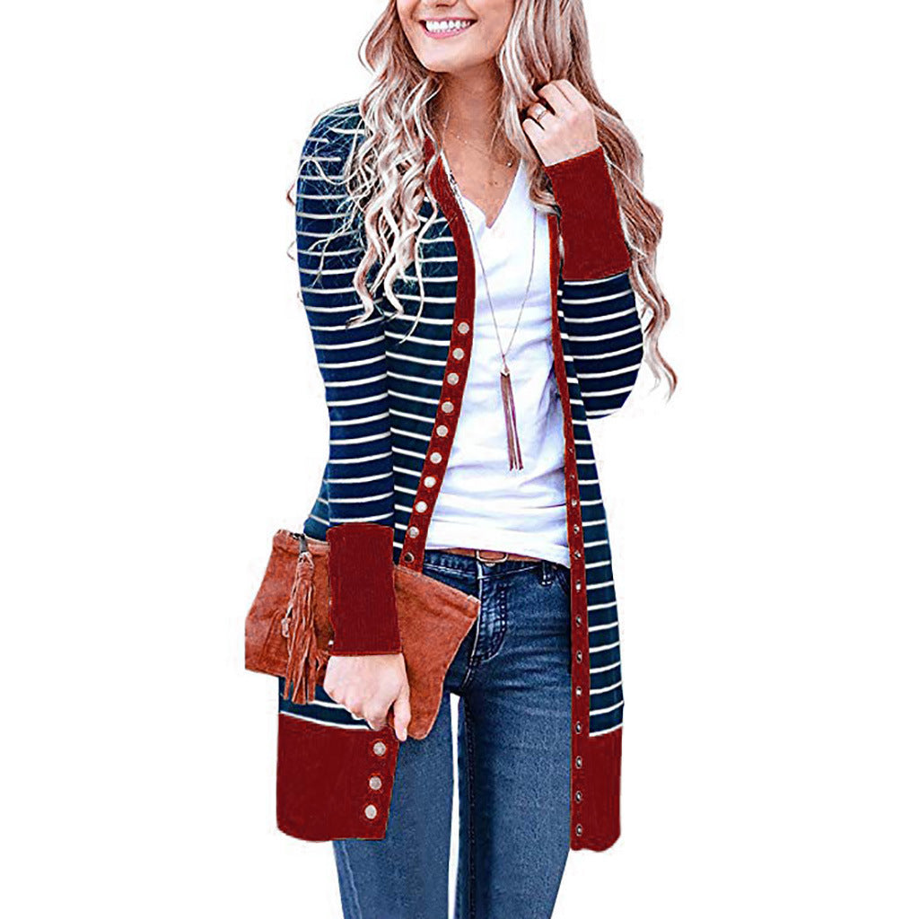 Autumn And Winter Plus Size Women's Fashionable Mid-length Button Striped Cardigan