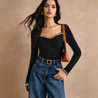 Women's Rhinestone-Embellished Slim-fit Long-sleeve T-shirt Fashion Base Layer Top