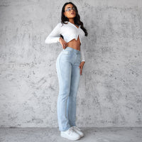 Women's Straight Leg Slim Fit Jeans, Fashionable And Simple Light Blue Pants