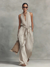 Casual Lace-up Sleeveless Cotton-blend Jumpsuit