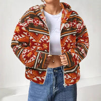 Women's Casual Printed Double-sided Plush Zipper Cardigan Hooded Coat