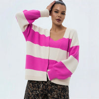 European And American Style Contrast Color Striped Cardigan Women's Loose Long Sleeve Sweater Coat
