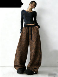 Womens Fashionable All-Match Leopard-Print High-Waist Wide-Leg Pants