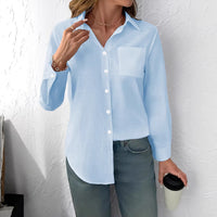 Lapel-collar Casual Pleated Loose-fitting Long-sleeve Womens Blouse