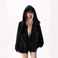 Retro Double Zipper Stitching Deconstructing Air Layer Hooded Sweater