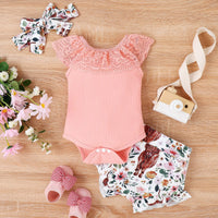 Solid Color Sleeveless Romper Printed Baby Bodysuit Lace Shorts Suit