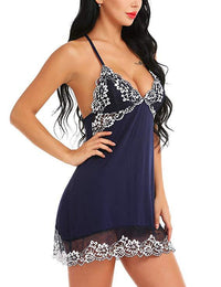 Back Hollow Pajamas Printed Lace Suspender Nightdress