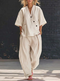 V-neck Loose-fit Short-sleeve Top And High-waist Trousers Two-piece Set