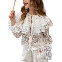 Lace Sheer Double-layer Ruffle-neck Blouse