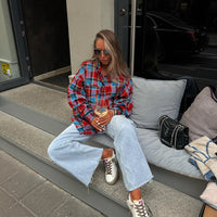 Lapel Long Sleeve Single Row Multi-buckle Plaid Shirt