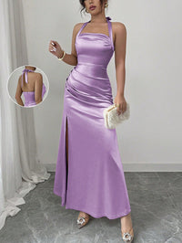 Neck-hanging Backless High-waisted Silk Slip Dress With A Slit And No Sleeves