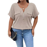 Solid-color Plus-size Top With Zipper Short Sleeves And Faux Pockets