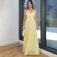 Solid Color Sleeveless V Neck Halter Backless Dress