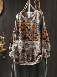 Women's Vintage Printed Cotton Knitted Sweater Round Neck