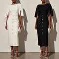 Summer Solid-Color Crew-Neck Defined-Waist Dress With Slit And Buttons