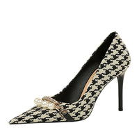 Shallow Mouth Pointed Pearl Chain Plaid Women's Single Shoes