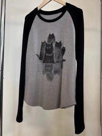 Simple Plus Size American College Style Cat Printing Long-sleeved T-shirt Top