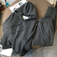 Thickened Fleece-Lined Solid-Color Sporty Casual Hoodie Set