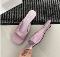 Minimalist Versatile Open Toe Square Toe Patent Leather One-Strap Slides For Women, Summer Outdoor Wear Comfortable Low Wedge Heel Fairy Style Sandals